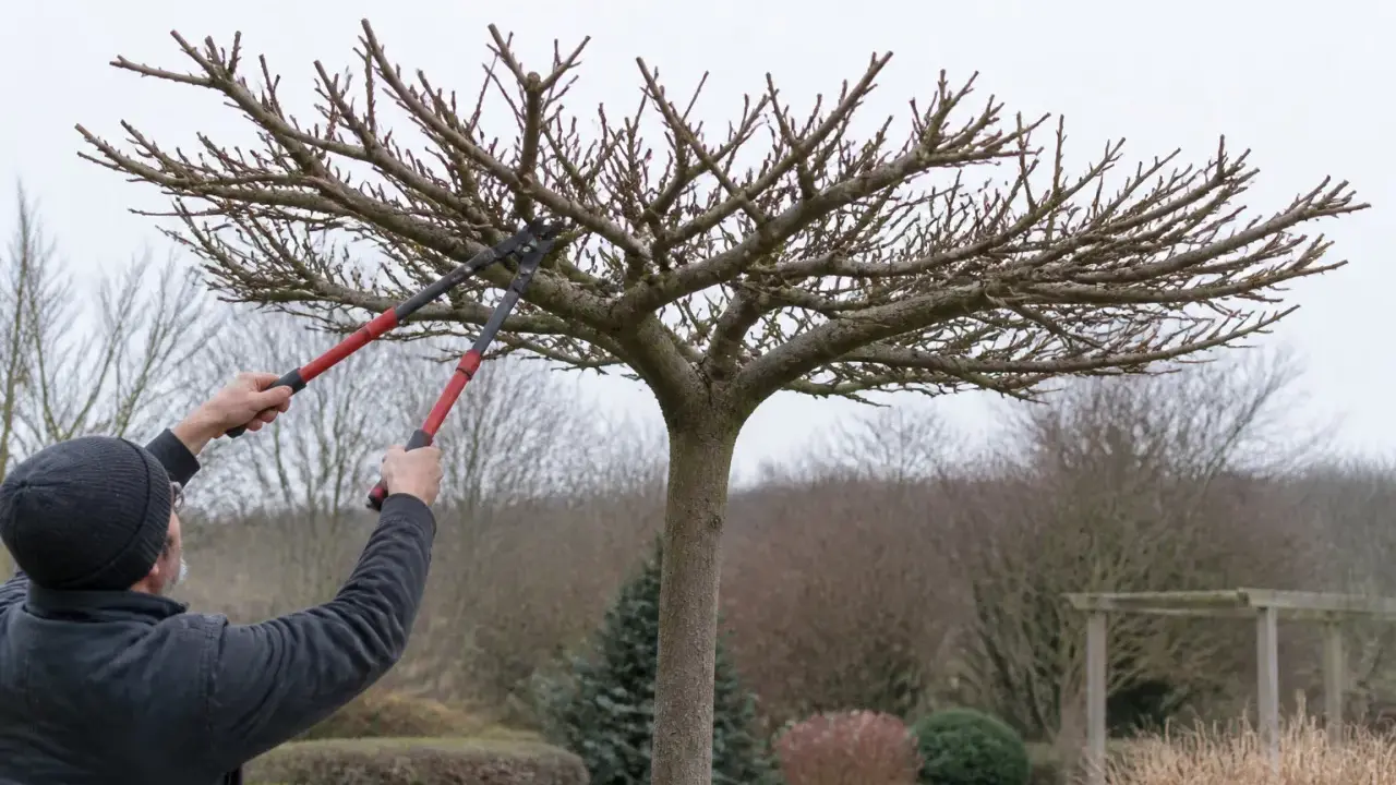Un homme taille un mûrier platane avec des sécateurs. L'arbre est en forme de parasol, ses branches nues s'étendent vers le ciel gris.