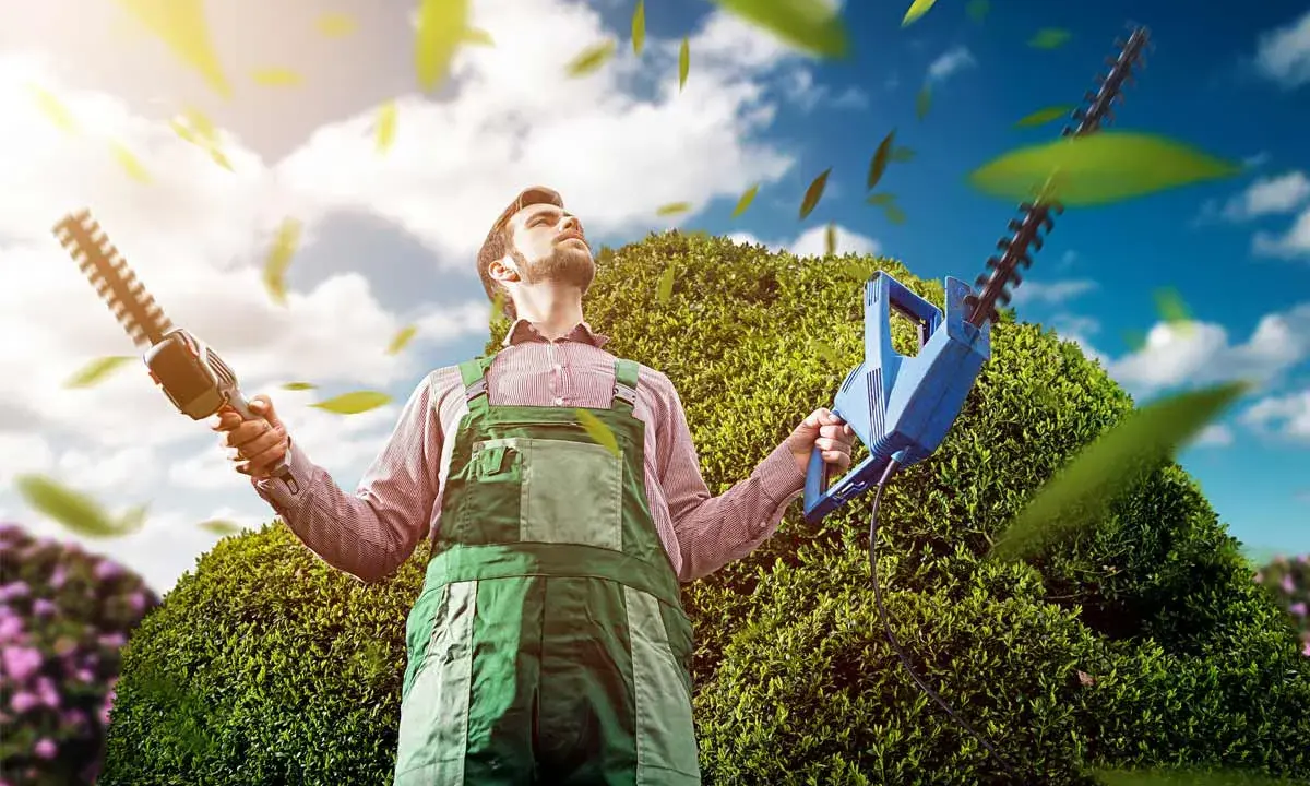 Un jardinier, pensif, tient deux taille-haies, prêt à savoir quand tailler les haies. Le ciel bleu et les feuilles volantes créent une scène idyllique.