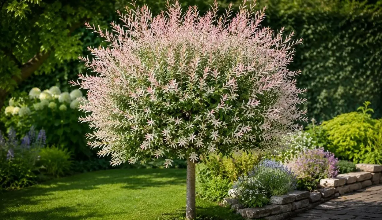 Un saule crevette aux feuilles roses et vertes, taillé en boule, trône dans un jardin verdoyant avec une pelouse bien entretenue.
