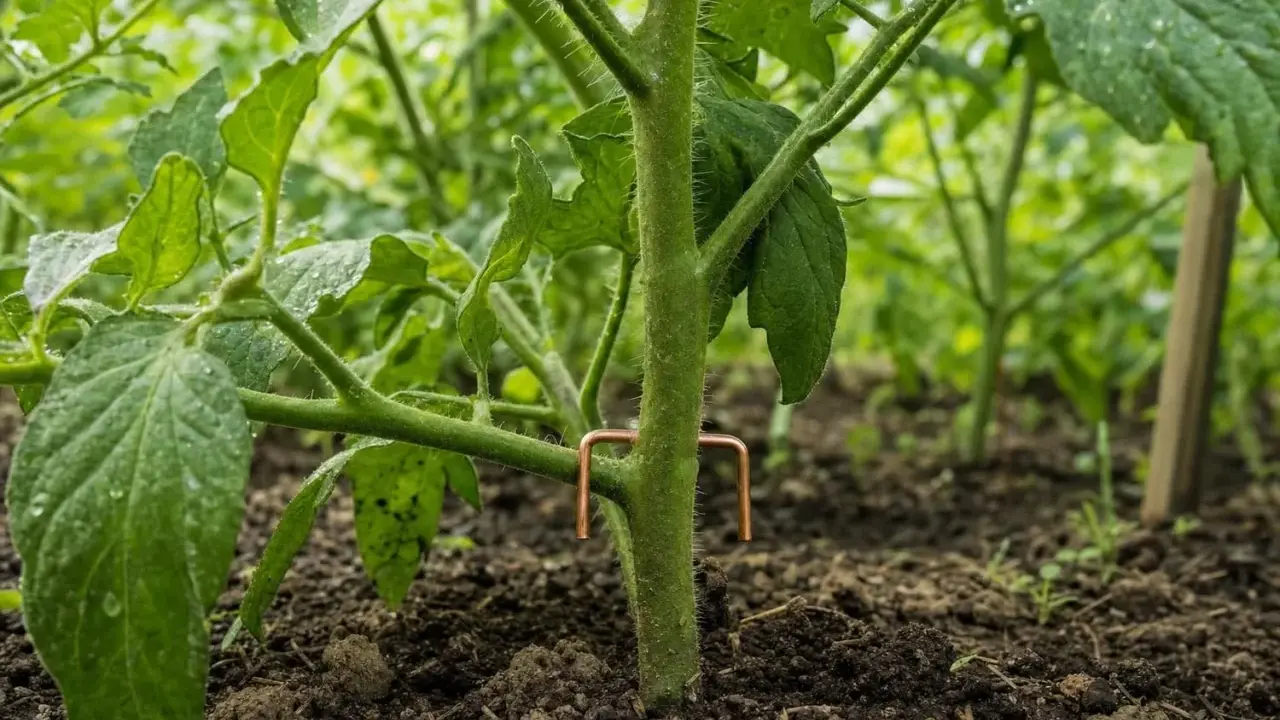 Un fil de cuivre en forme de U soutient la tige d'une plante de tomate, l'aidant à grandir.