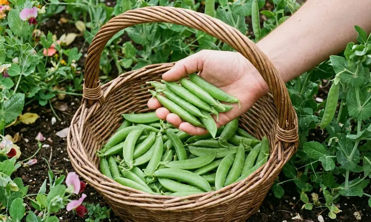 Main d'un jardinier récoltant des pois gourmands dans un panier en osier. La culture des pois gourmands est florissante, avec des fleurs roses et jaunes en arrière-plan.