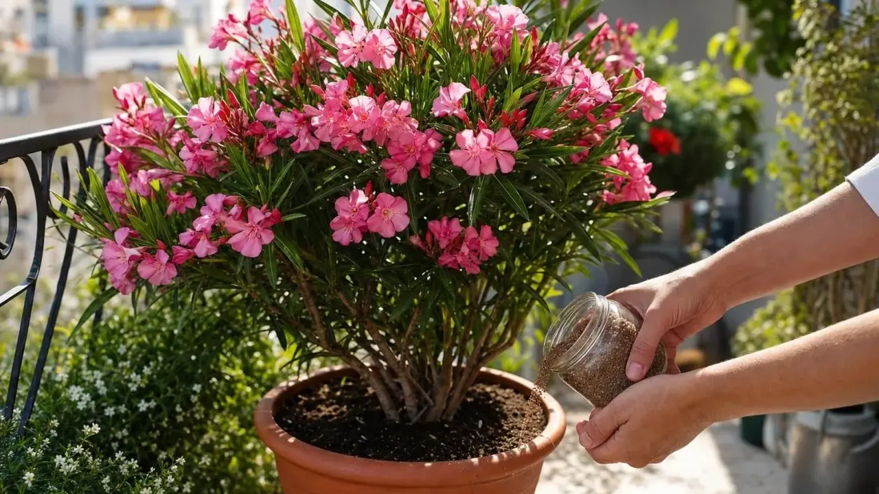 Un magnifique laurier rose en pot, orné de fleurs roses éclatantes, reçoit des nutriments pour une croissance saine sur un balcon ensoleillé.