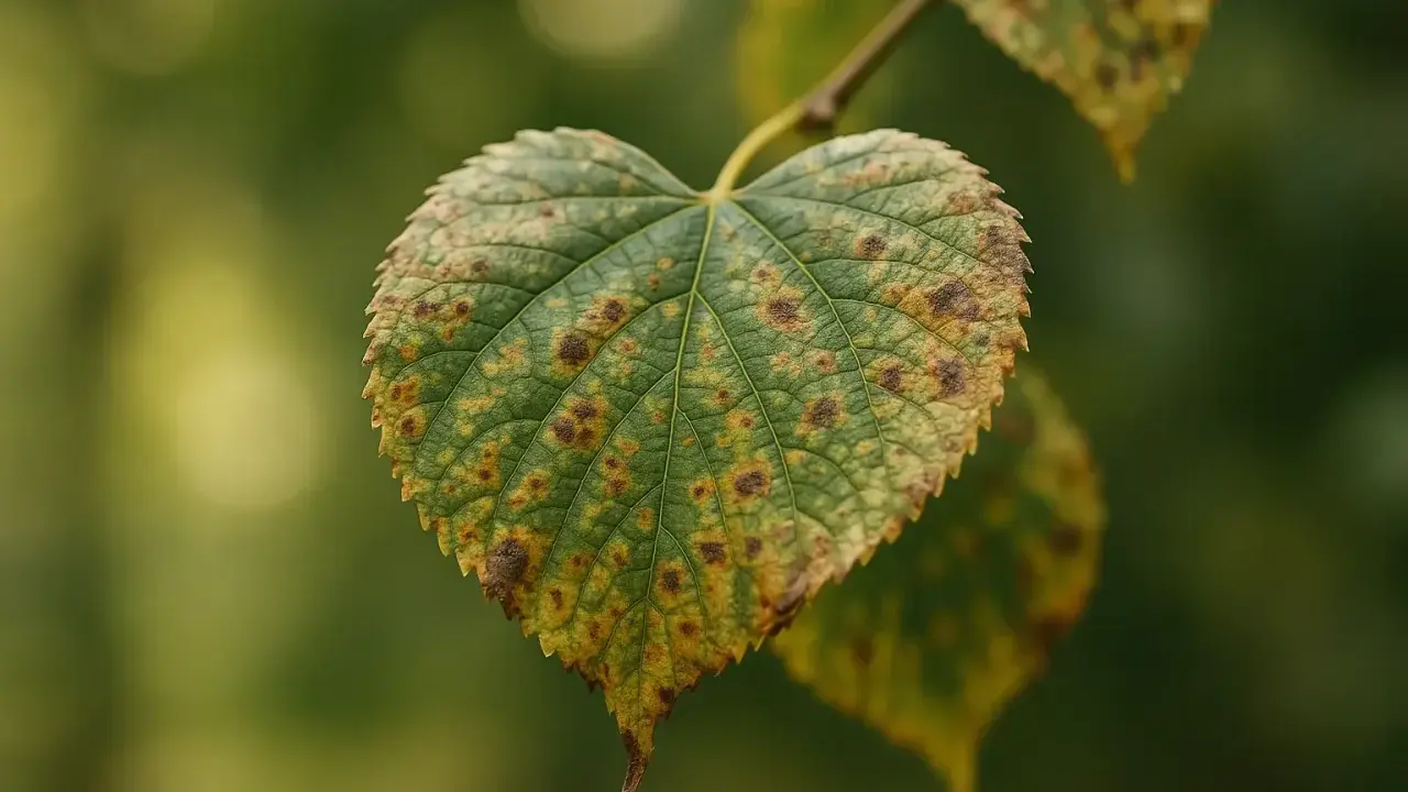 Feuille de tilleul atteinte de taches brunes, symptôme d'une maladie. Photos de maladie du tilleul.