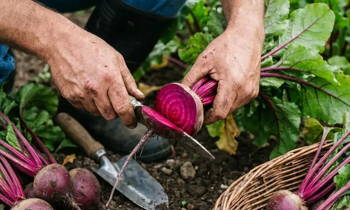 Un jardinier coupe une betterave fraîchement récoltée. La récolte est abondante, mais jusqu'à quand peut-on planter des betteraves pour profiter de ce légume ?