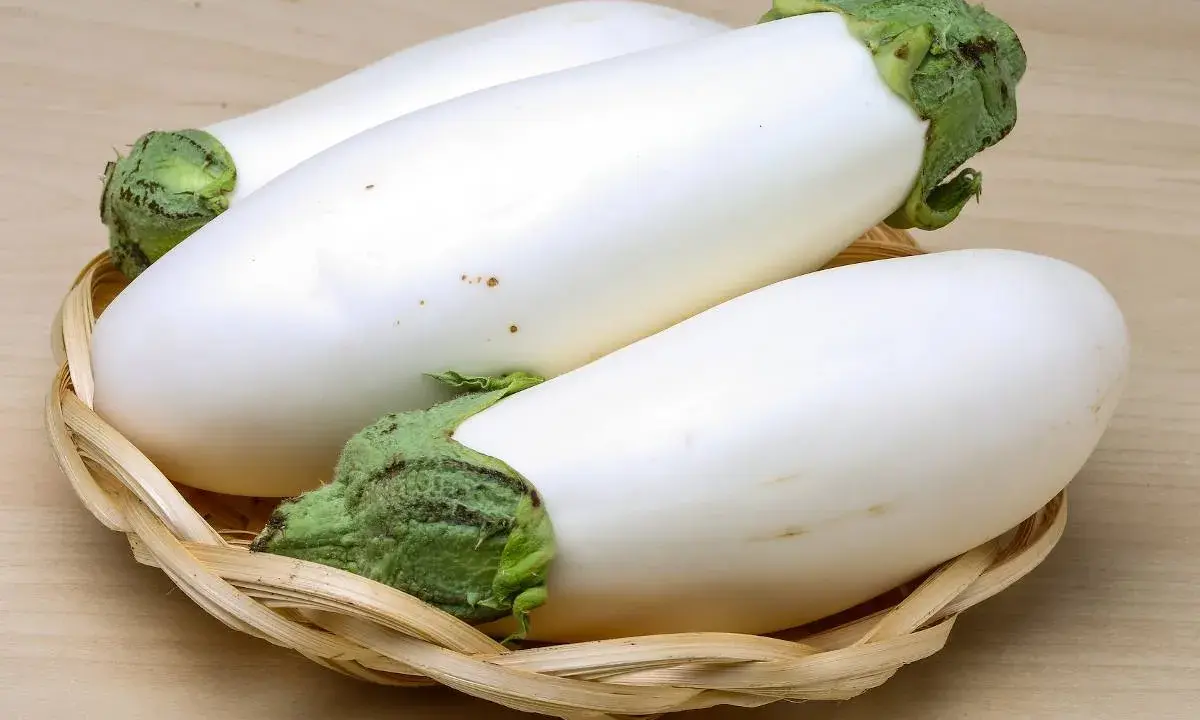 Trois aubergines blanches, d'une blancheur immaculée, reposent dans un panier en osier tressé sur un fond en bois clair.