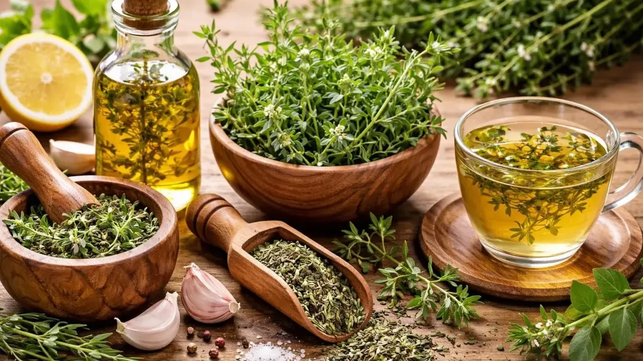 Huile infusée, tisane et herbes fraîches de la sarriette, prêtes à parfumer vos plats.