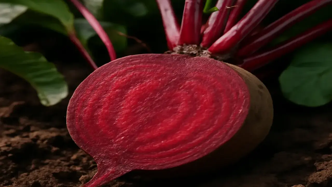 Betterave rouge coupée en deux, montrant sa chair vibrante, prête à être plantée.