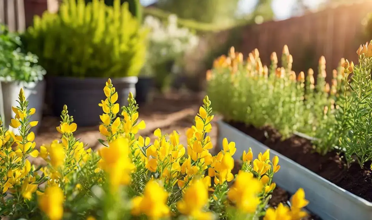Des fleurs jaunes vives, des genêts, s'épanouissent dans un jardin ensoleillé. La taille du genet est parfaite pour ce parterre.