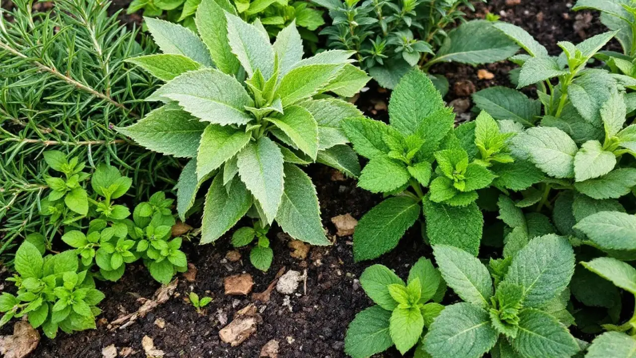 Un assortiment de plantes aromatiques vertes et luxuriantes, dont de la menthe et du romarin, poussent dans un sol riche.