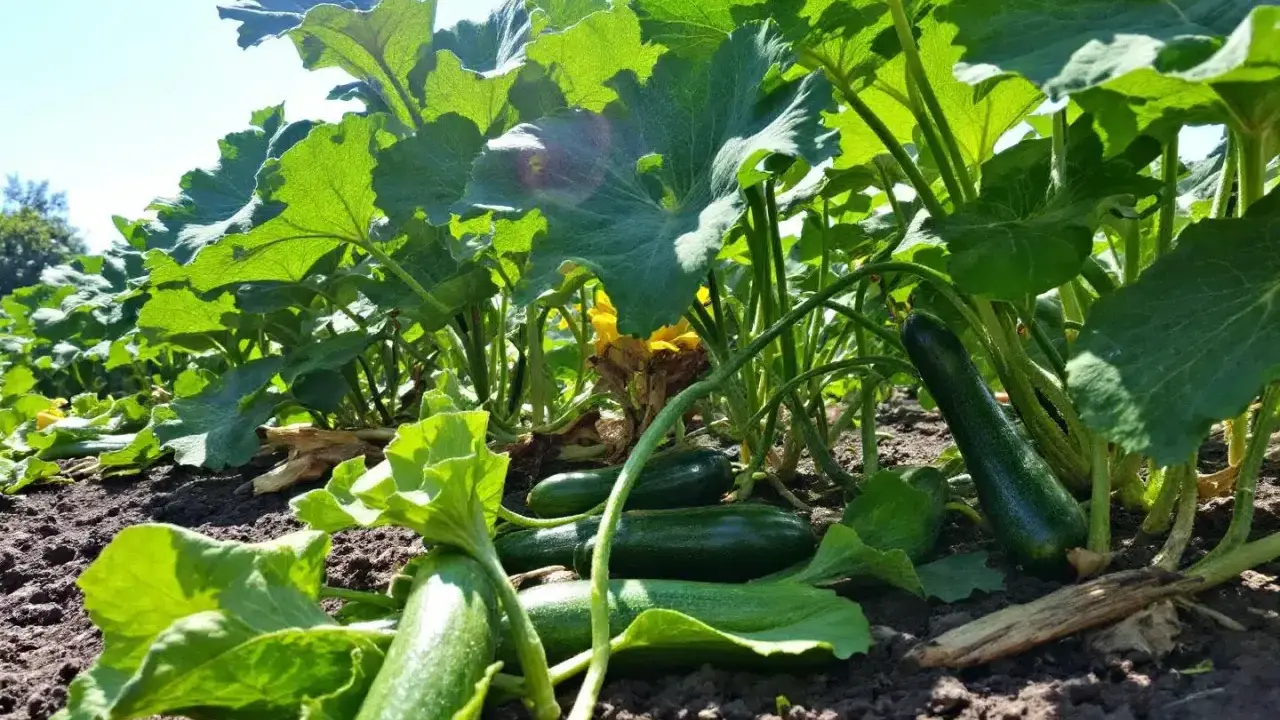 Courgettes vertes mûres sous de grandes feuilles, témoignant de la **durée de vie d'un plant de courgette** et de sa générosité.