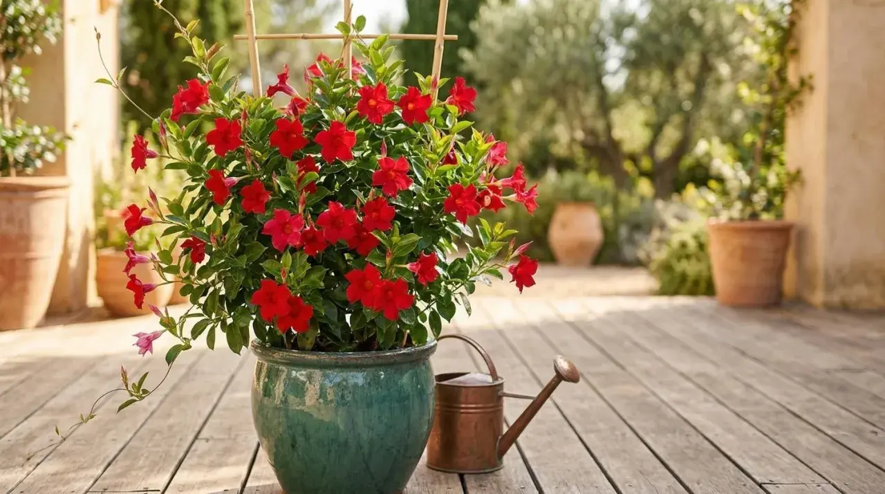 Un dipladenia en jardinière, aux fleurs rouges éclatantes, est prêt à être arrosé dans un décor méditerranéen.