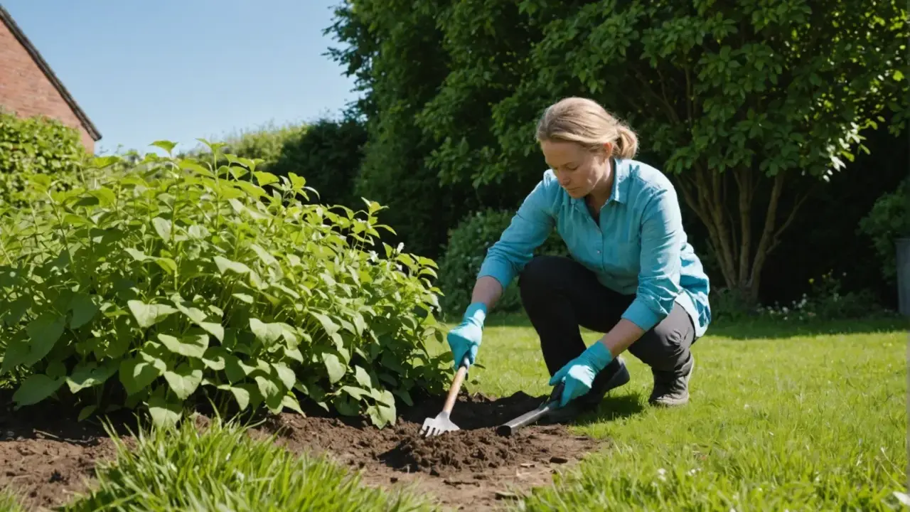Jardinier travaillant le sol près d'une haie, peut-être pour lutter contre la renouée des oiseaux.