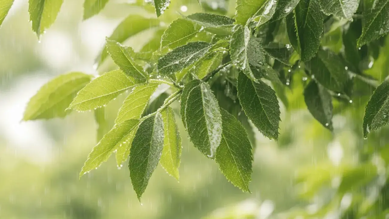 Feuilles de frêne sous la pluie, un inconvénient du frêne est sa sensibilité à l'humidité excessive qui peut favoriser les maladies fongiques.