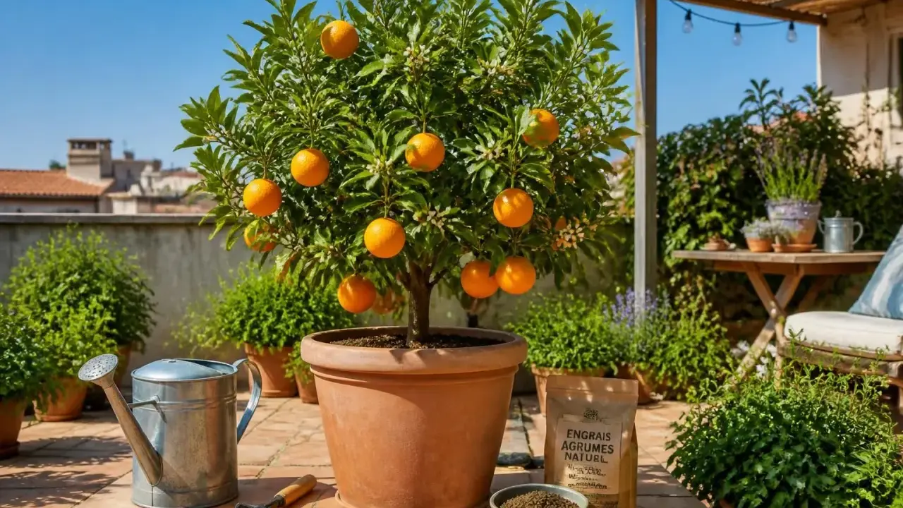 Un bel oranger en pot, chargé de fruits mûrs et de fleurs, prêt à être nourri avec de l'engrais naturel.