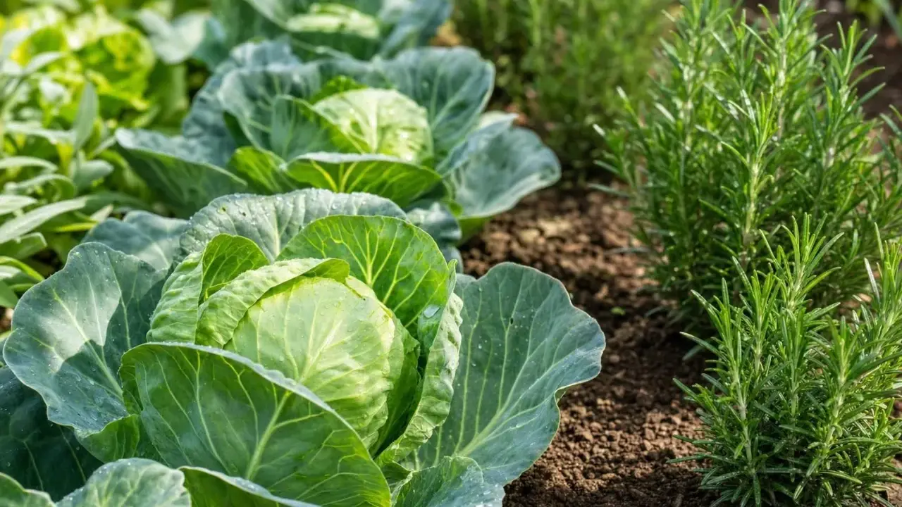 Légumes verts frais, choux et romarin dans un potager ensoleillé. L'arôme du romarin embaume le jardin.