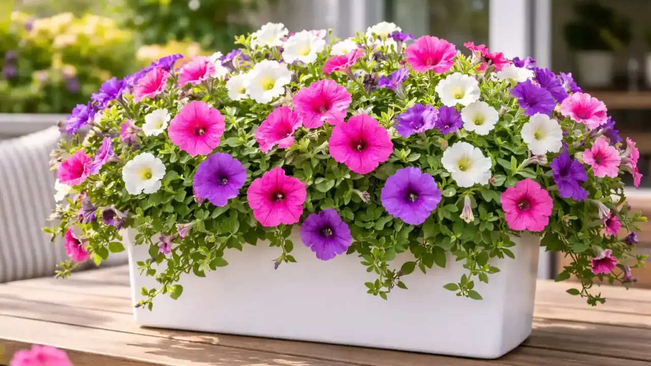 Un pot blanc débordant de pétunias surfinia aux couleurs vives : rose, violet et blanc. Ces fleurs illuminent une terrasse en bois.
