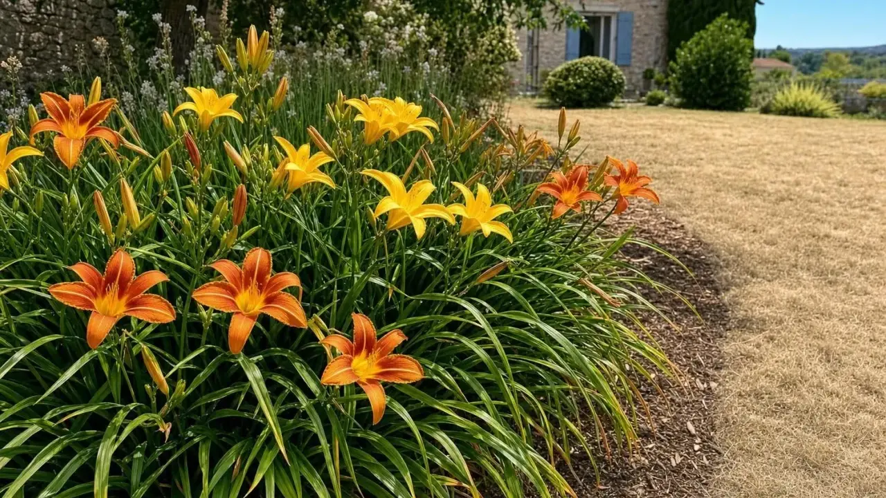 Un parterre de hémérocalles orange et jaunes, plantes vivaces qui fleurissent de mai à octobre, borde une pelouse sèche.