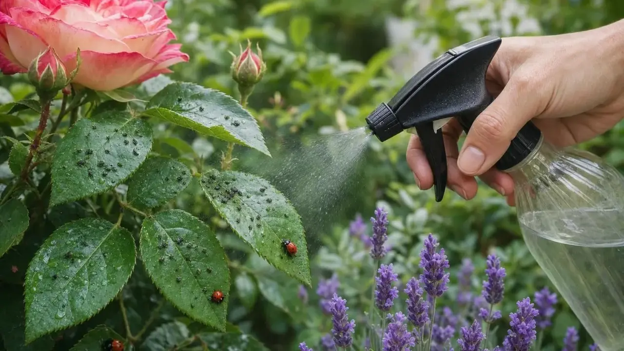 Main d'une personne pulvérisant de l'eau sur des feuilles de rosier infestées de pucerons rosier. Des coccinelles sont présentes.