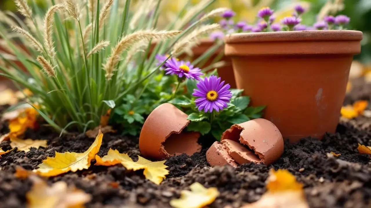 Des pots en terre cuite, des fleurs violettes et de l'herbe ornementale pour créer un jardin de pots. Des feuilles d'automne jonchent le sol.