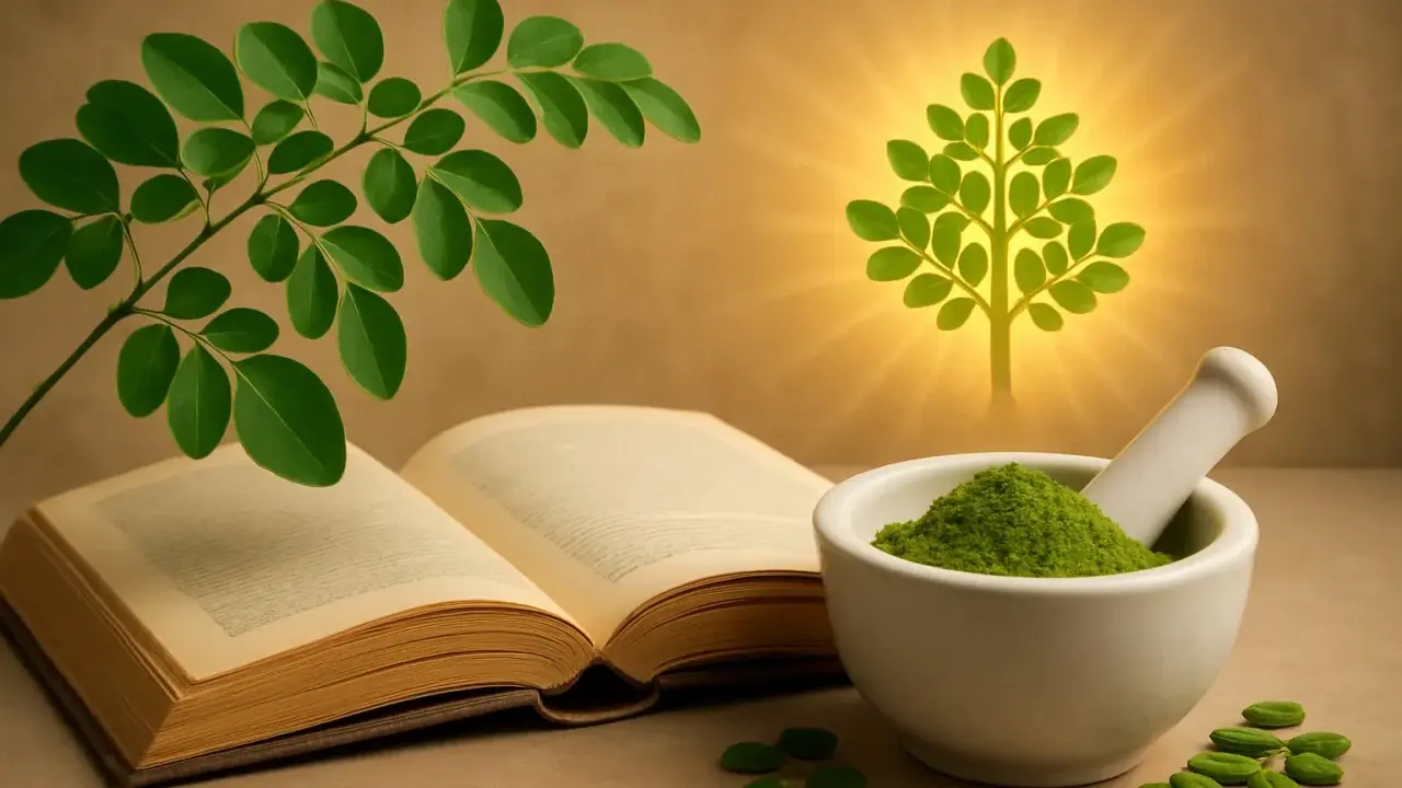 Branche de moringa plante, livre ouvert, mortier rempli de poudre verte et arbre lumineux.