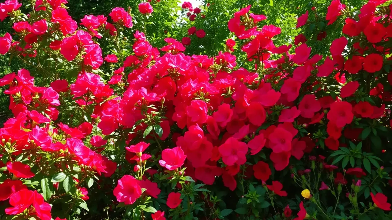 Un buisson luxuriant de plante fleur rouge extérieur, ses pétales vibrants se détachant sur le feuillage vert.