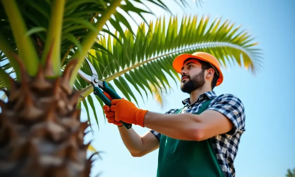 Un jardinier, casque orange et gants, utilise des sécateurs pour savoir comment tailler un palmier.
