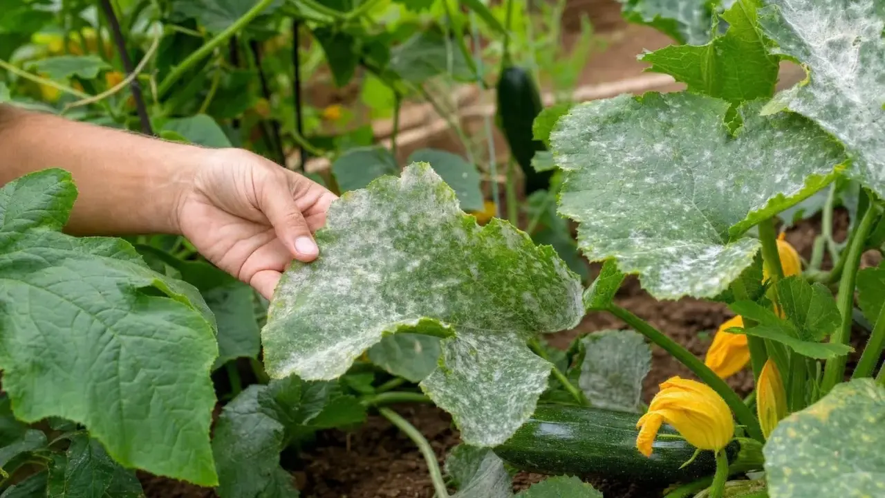 Main d'un jardinier examinant une feuille de courgette atteinte de mildiou. Des taches blanches poudreuses recouvrent la surface.