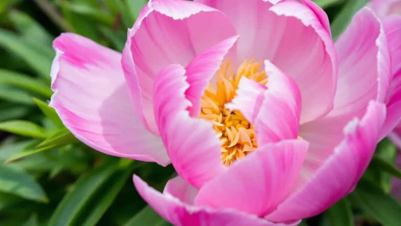 Gros plan d'un magnifique pied de pivoine rose aux pétales délicats et au cœur jaune vif, entouré de feuilles vertes.