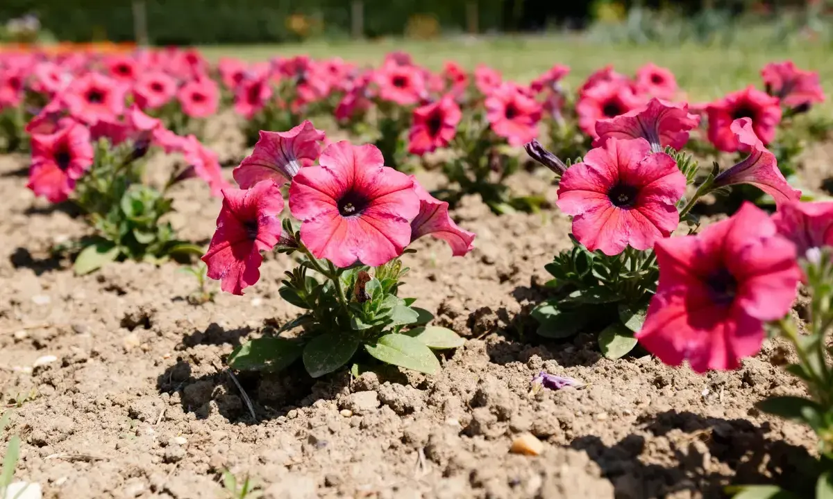 Des pétunias roses vifs en pleine exposition, leurs corolles évasées s'ouvrant sur un cœur sombre. Une belle scène printanière.