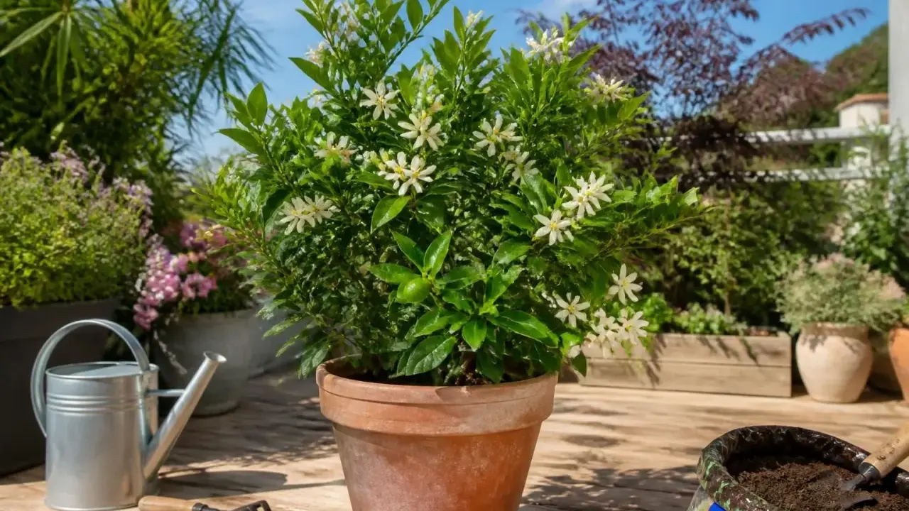 Un oranger du Mexique en pot, orné de petites fleurs blanches, sur une terrasse ensoleillée. Arrosoir et outils de jardinage à proximité.