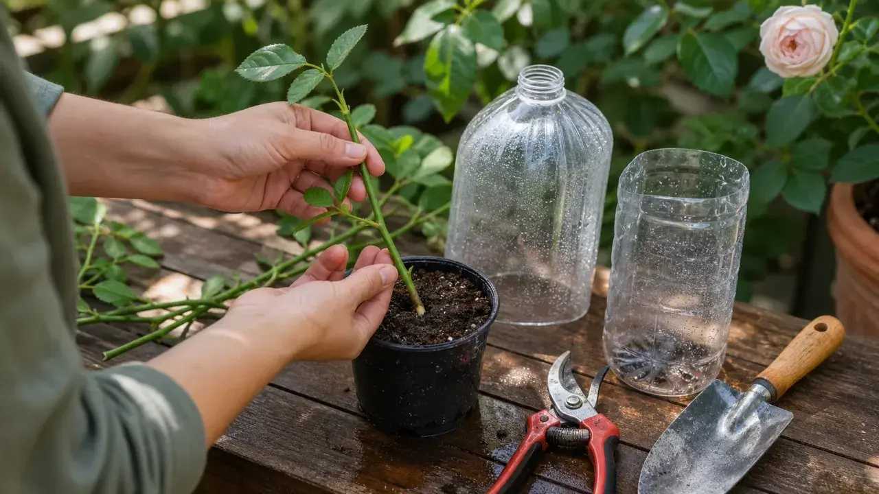 Mise en terre d'une bouture de rosier. Des mains insèrent une tige verte dans un pot de terreau, avec des ciseaux et une pelle à proximité.