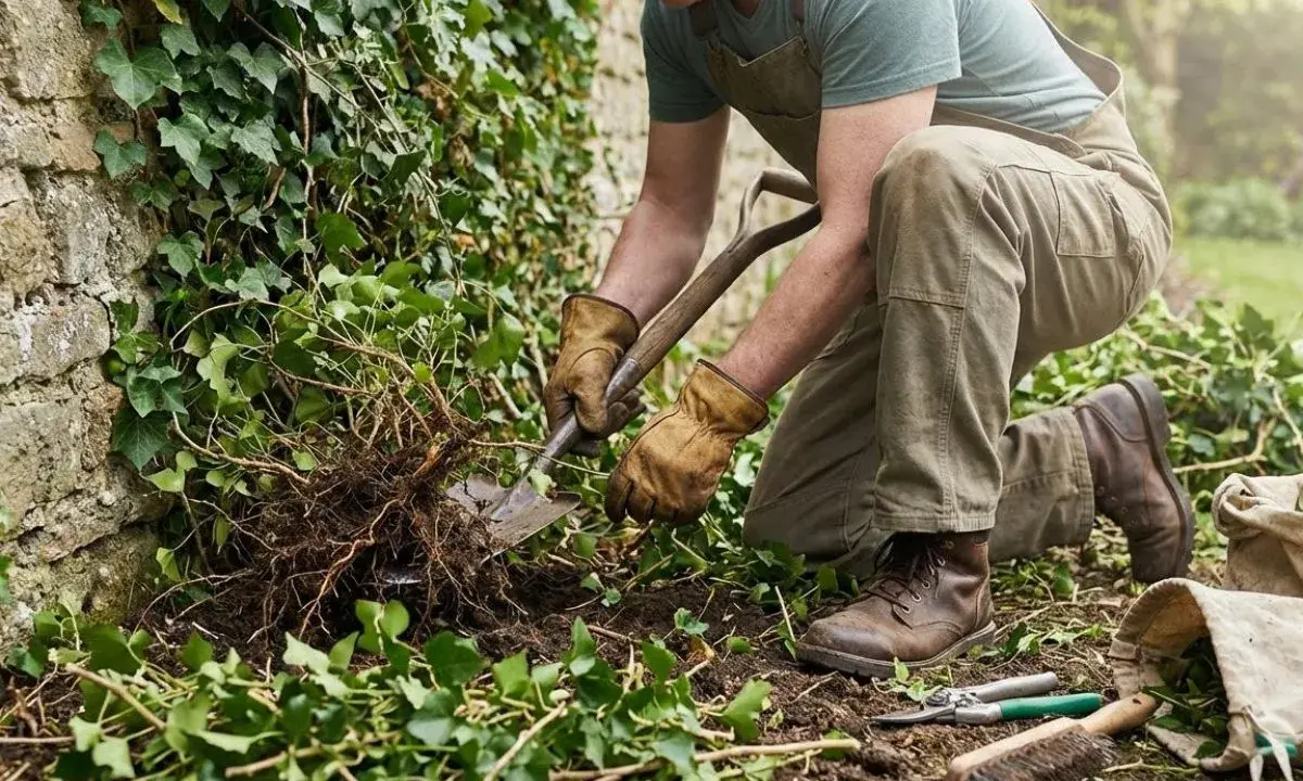 Un jardinier utilise une pelle pour déterrer un lierre envahissant. Il montre comment se débarrasser du lierre en retirant ses racines.