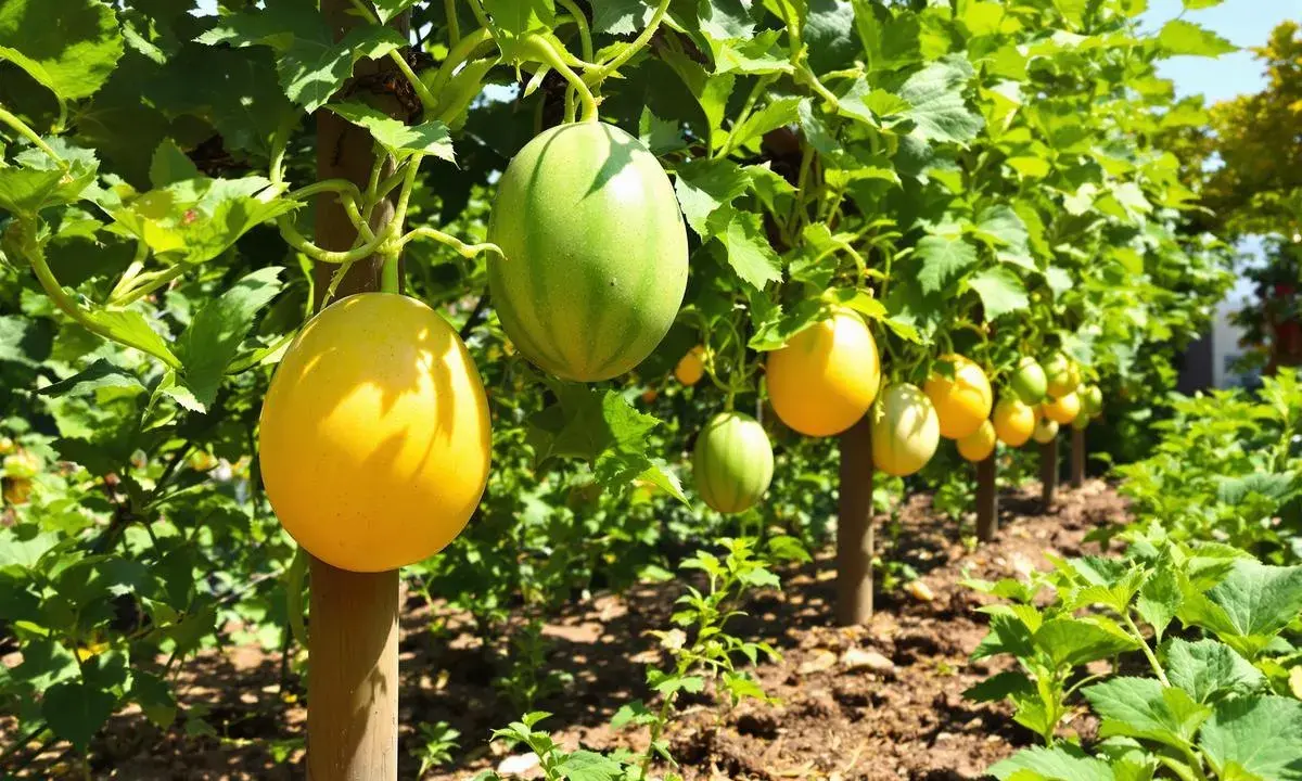 Des melons jaunes et verts pendent des vignes dans un jardin ensoleillé, un délice qui peut être considéré comme un melon fruit ou légume.