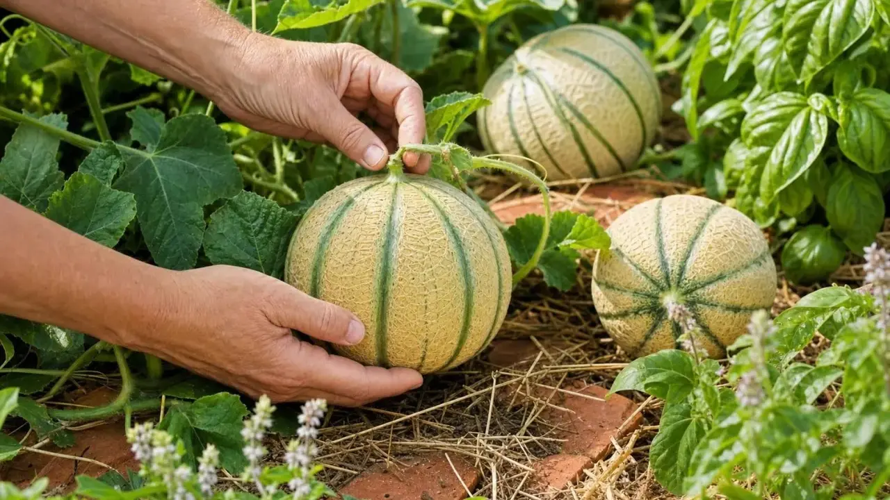 Mains récoltent des melons mûrs dans une plantation. Les fruits sont sur le sol, entourés de feuilles vertes et de pailles.
