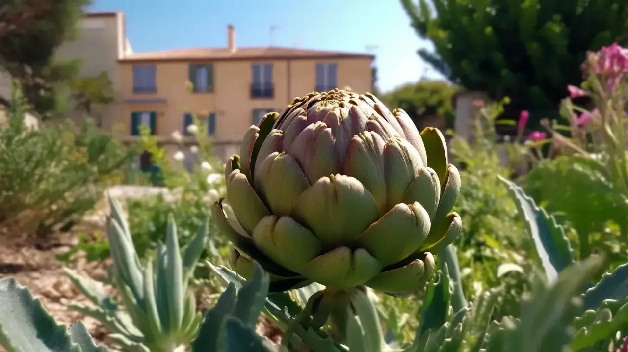 Gros plan sur un artichaut prêt à être récolté, au cœur d'une plantation artichaut pleine terre. En arrière-plan, une maison ensoleillée.