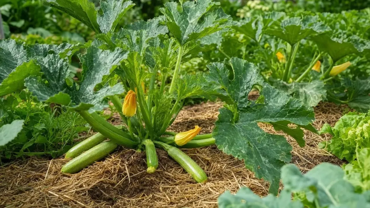 Courgettes vertes et fleurs jaunes sur un paillis de paille. On se demande jusqu'à quand planter des courgettes pour une récolte abondante.