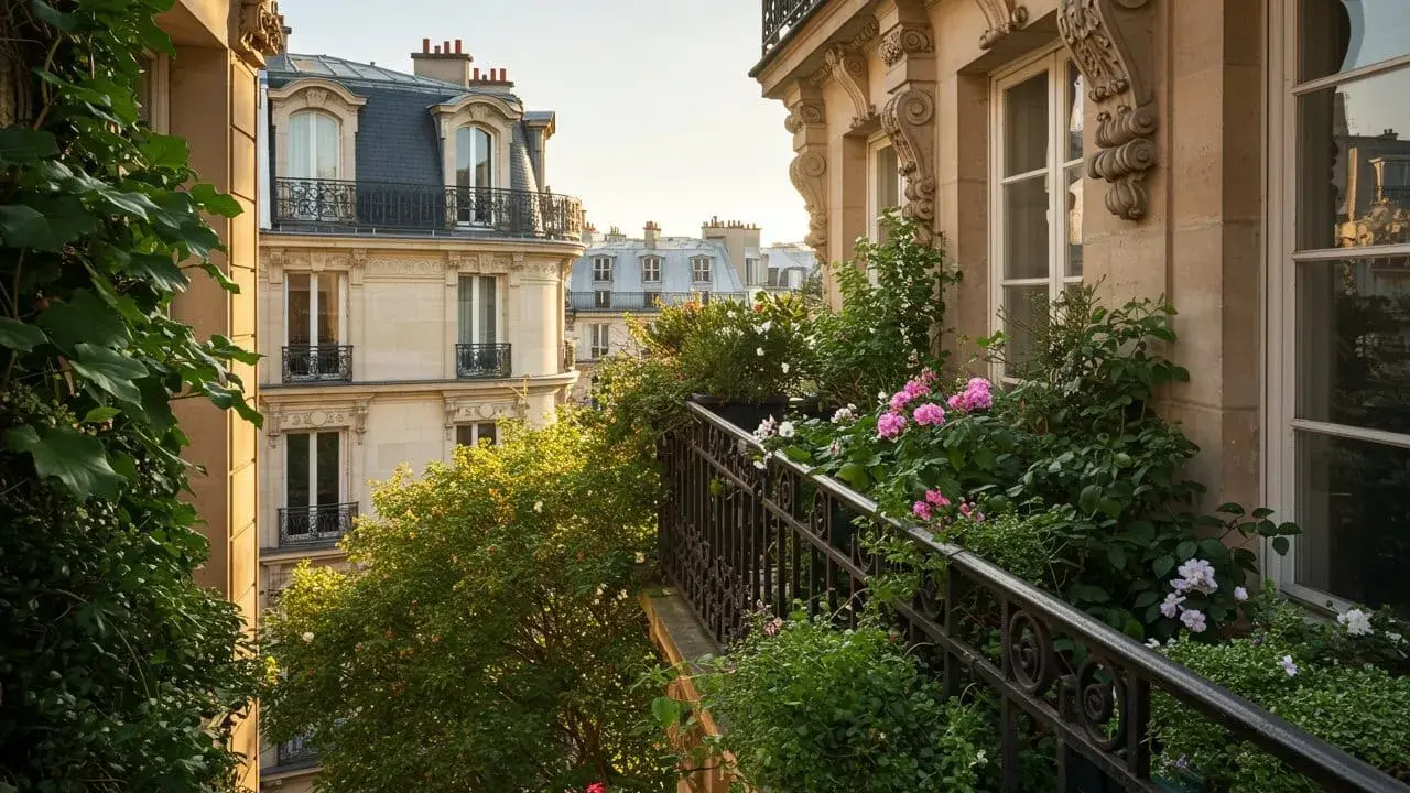 Un balcon parisien fleuri, une véritable oasis de verdure et de roses, offrant une vue sur les toits. Une belle plante balcon toute l'année.