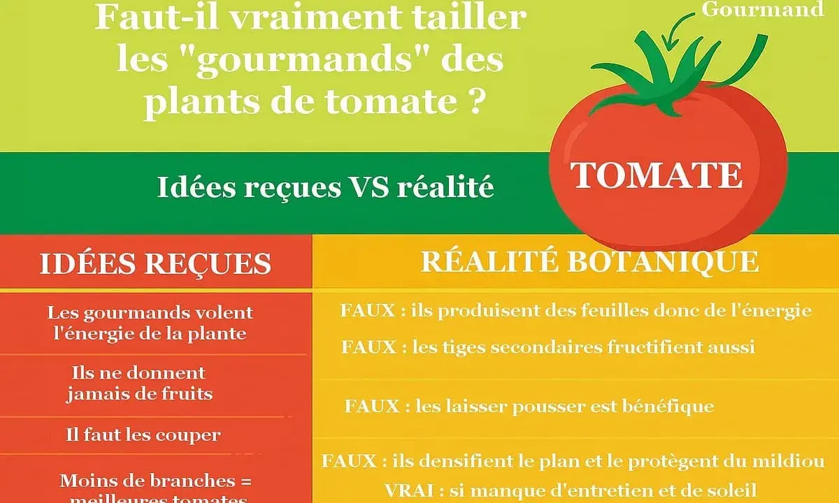 Infographie sur la taille des gourmands de plants de tomate. Elle compare idées reçues et réalité botanique, avec une tomate rouge et une flèche indiquant un gourmand.