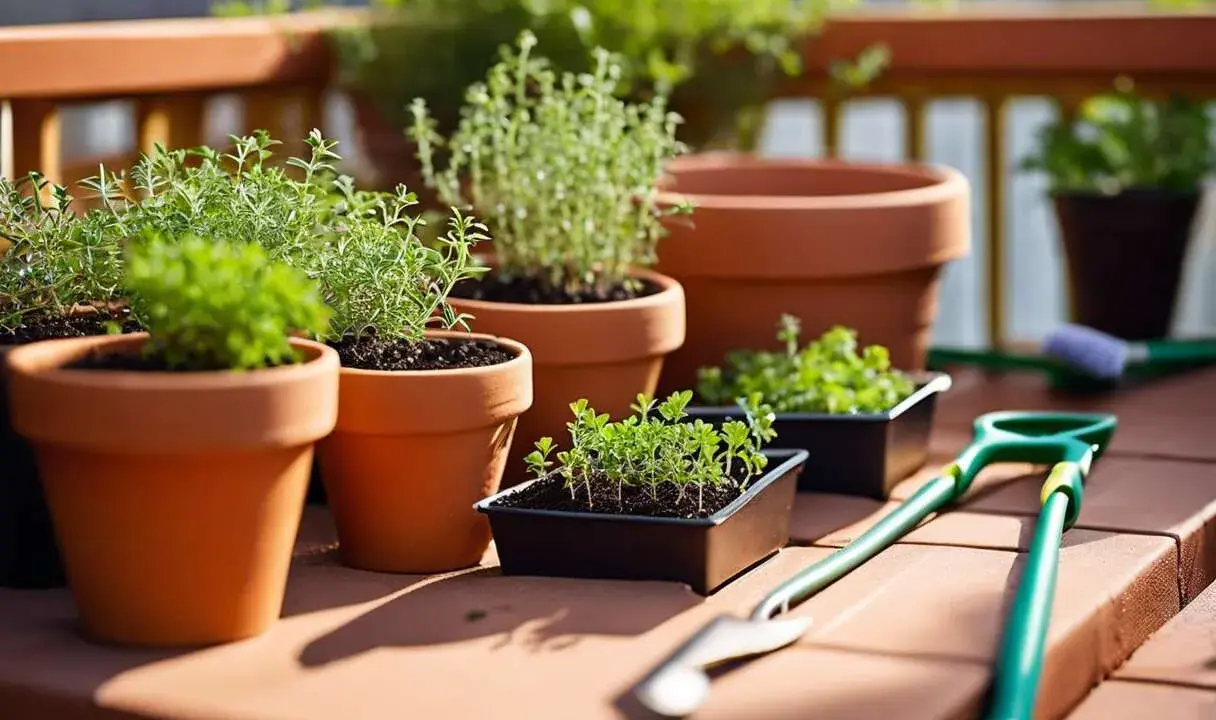 Plusieurs pots de thym en terre cuite et en plastique, prêts à être plantés sur une terrasse ensoleillée. Des outils de jardinage sont à proximité.