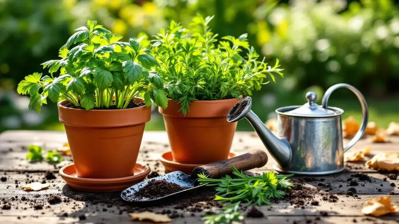 Deux pots de basilic sur une table en bois, avec une petite arrosoir et une pelle à terre.