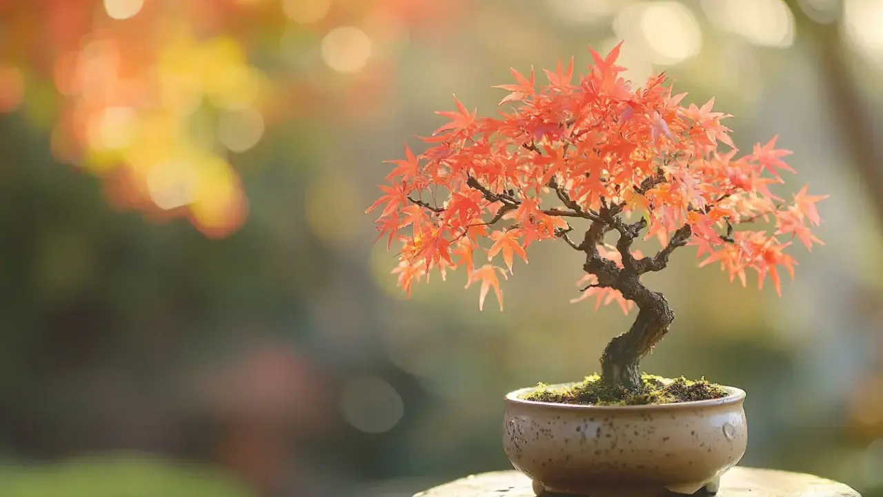 Un magnifique érable du Japon en pot, aux feuilles rouge orangé éclatantes, prêt pour son entretien.