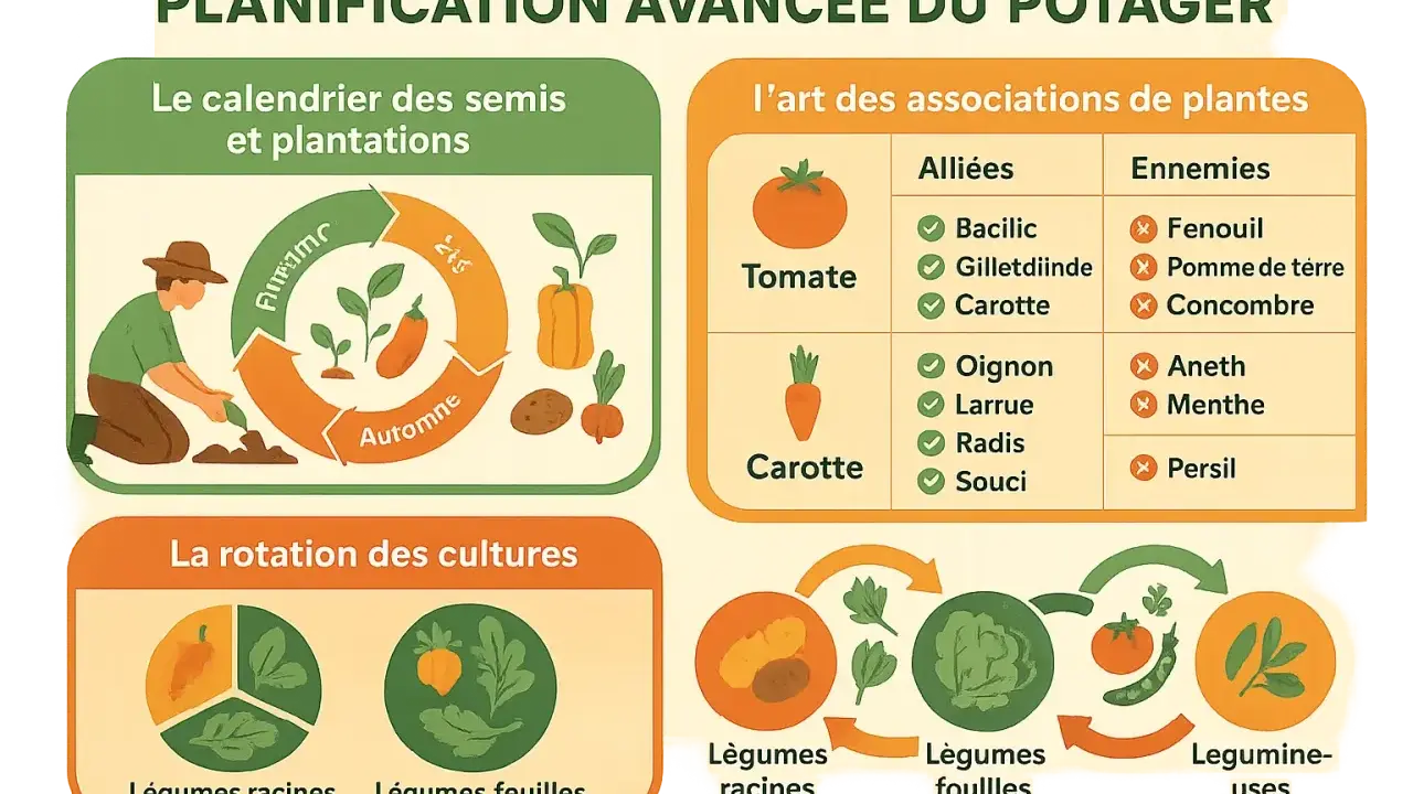 Tableau de planification du potager : calendrier des semis, associations de plantes compagnes et rotation des cultures.