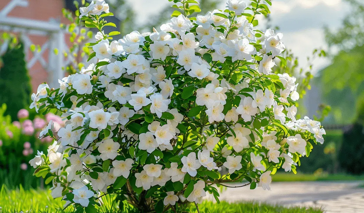 Un arbuste de seringat taille généreusement, couvert de fleurs blanches parfumées, illumine un jardin ensoleillé.