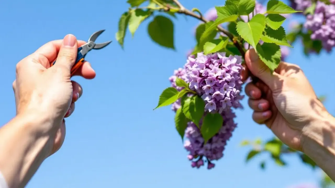 Quand tailler les lilas : une main tient un sécateur, l'autre saisit une branche de lilas en fleurs sous un ciel bleu.
