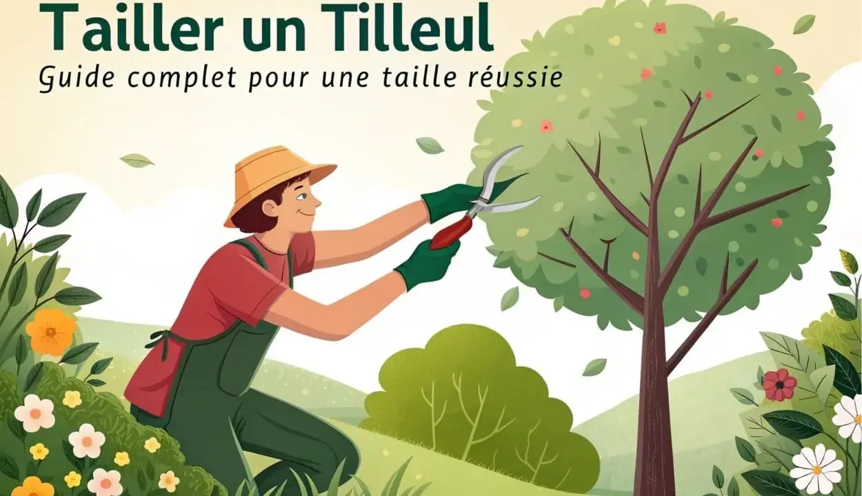 Un jardinier taille un tilleul adulte avec des sécateurs, entouré de fleurs et de verdure.