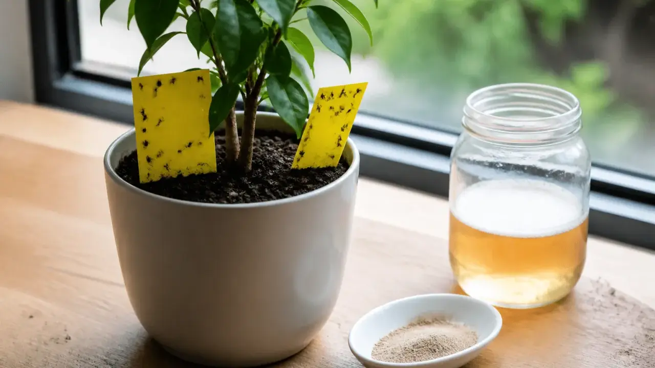 Pièges jaunes collants pour moucherons sur une plante, à côté d'un bocal de liquide et d'une coupelle de bicarbonate.