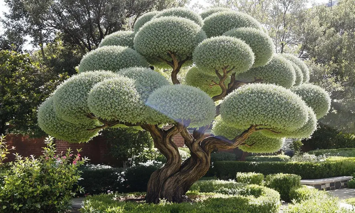Arbre sculpté avec une taille en nuage, ses branches torsadées supportent des boules de verdure dense. Un jardin soigné l'entoure.