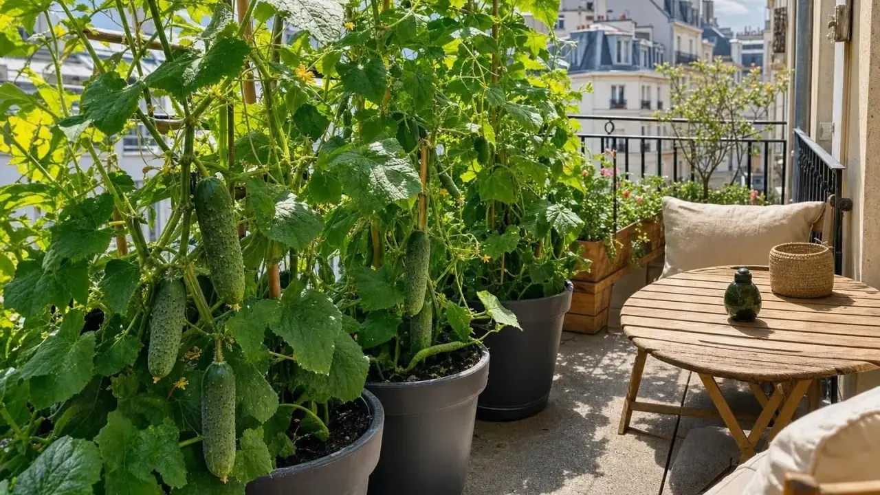 Des concombres en pot poussent sur un balcon parisien, prêts à être récoltés. Une table en bois et des coussins invitent à la détente.