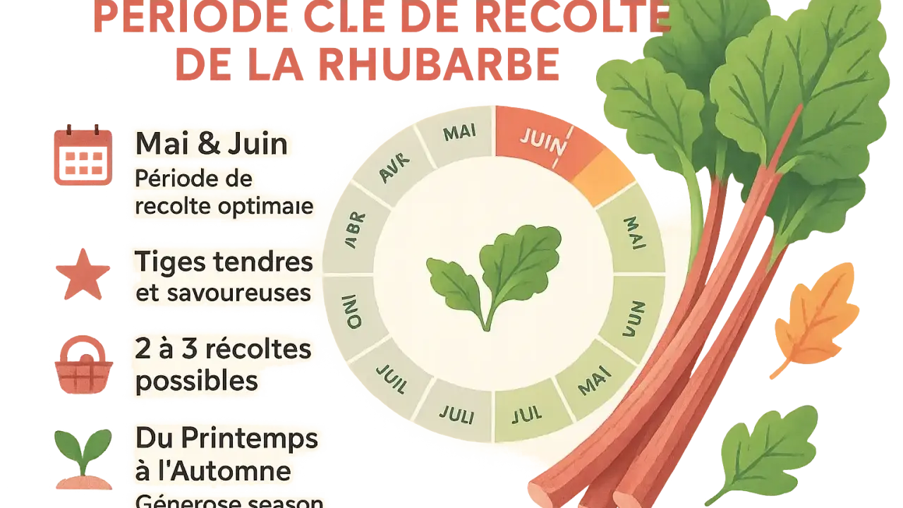 Période clé de récolte de la rhubarbe : Mai et Juin pour des tiges tendres et savoureuses. Profitez de cette généreuse saison !