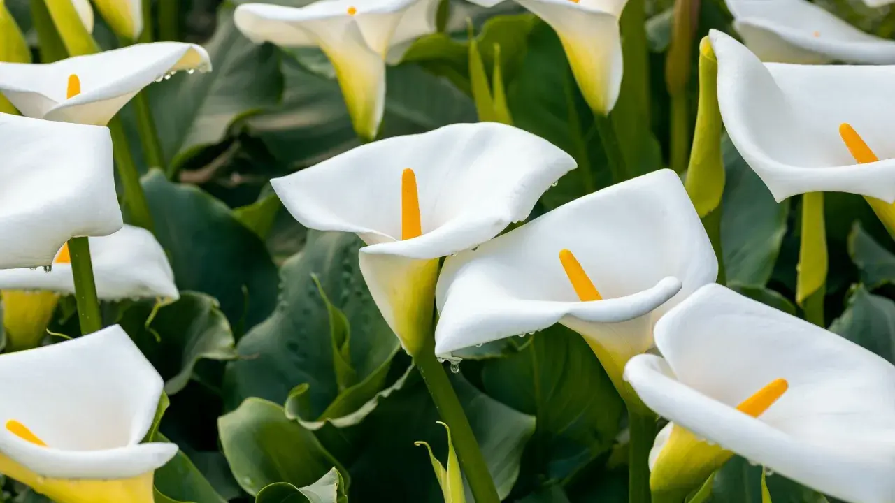 Un par d'arum blanc, leurs pétales immaculés ornés de perles de rosée, se dressent fièrement parmi le feuillage luxuriant.